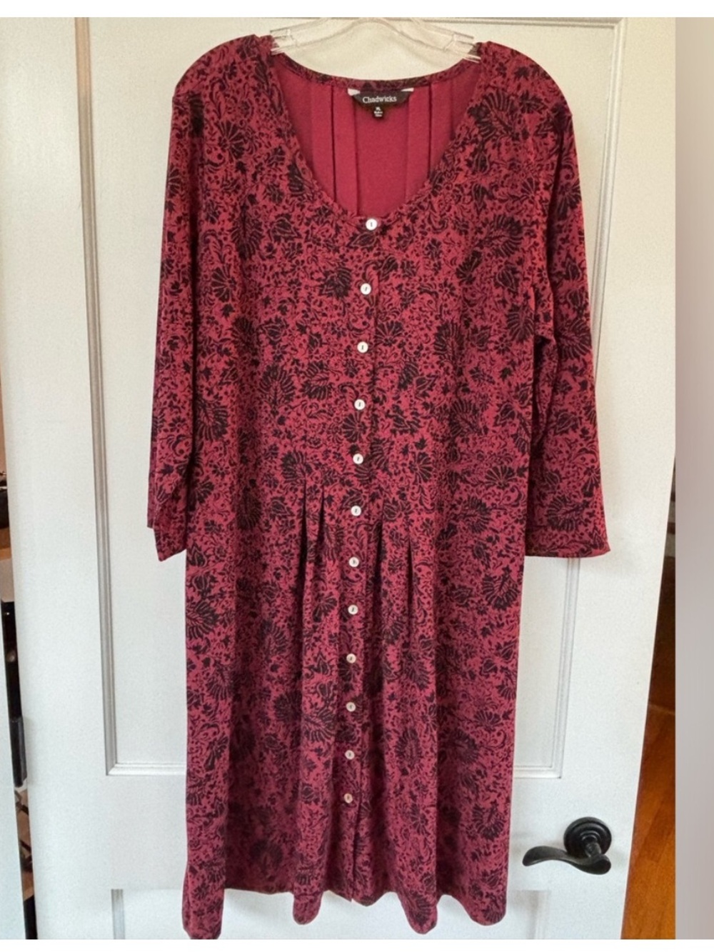 Chadwicks Long Sleeve Floral Midi Dress Burgundy Black Button Front Womens XL